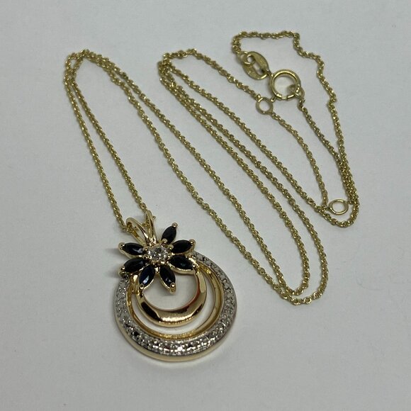 ROSS SIMONS Sterling Gold Plated Diamond Accent & Sapphire Pendant Necklace 20" - Picture 1 of 6
